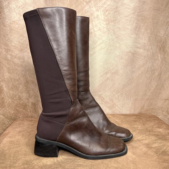 Vintage Y2K Jasmin Collection Sharon Two Tone Patchwork Leather Knee High Boots - Picture 1 of 10